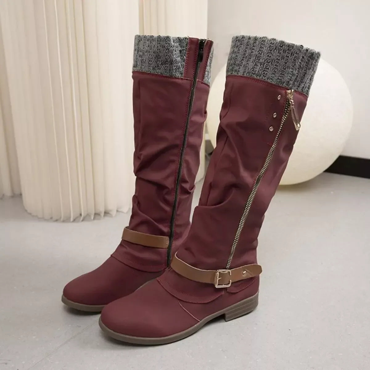 Knee High Slouch Boots with Knit Cuff - Trendsi - Flyclothing LLC