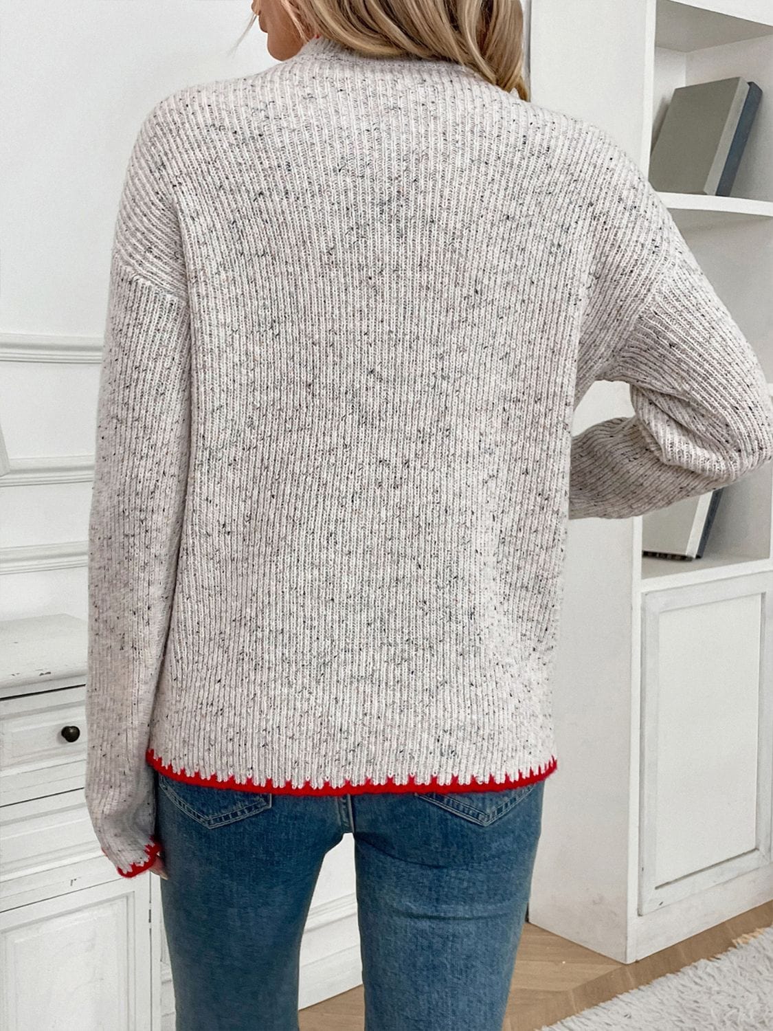 Perfee Contrast Heart Round Neck Long Sleeve Sweater - Trendsi