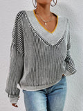 Striped V-Neck Long Sleeve Sweater - Trendsi
