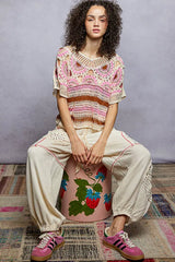 Weave Pattern Short Sleeve Crochet Top with Border Accents - Trendsi - Flyclothing LLC