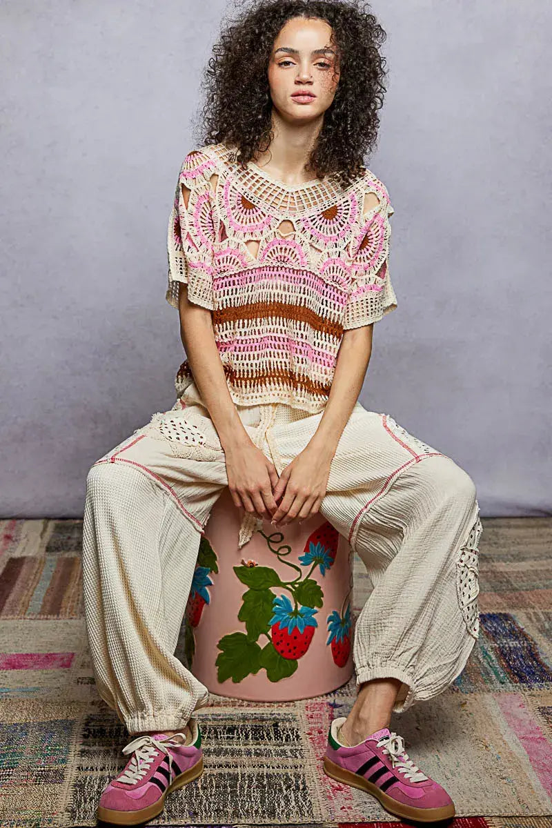 Weave Pattern Short Sleeve Crochet Top with Border Accents - Trendsi - Flyclothing LLC