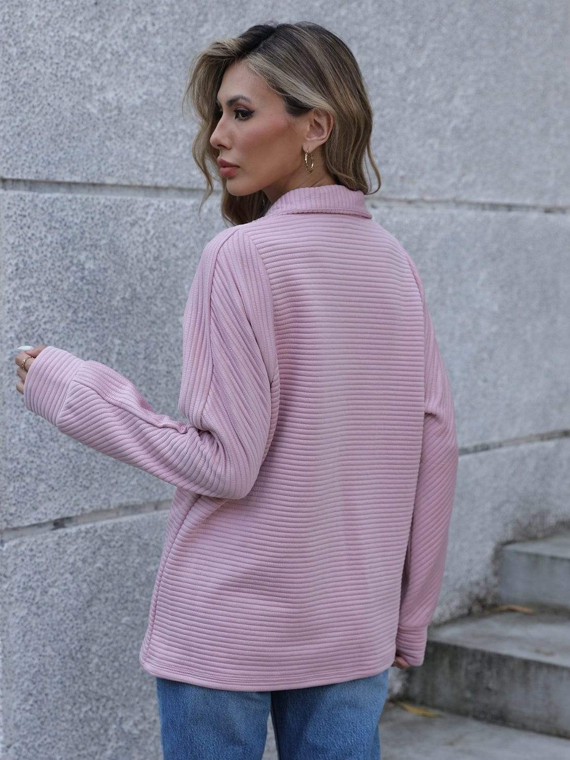 Full Size Ribbed Quarter Zip Long Sleeve Sweatshirt - Trendsi - Flyclothing LLC