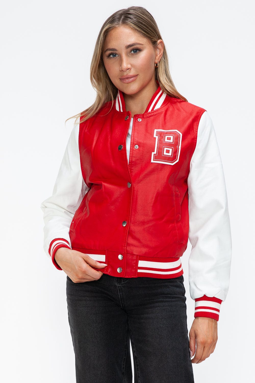 Love Me Now PU Leather Contrast Snap Down Bomber Jacket - Trendsi