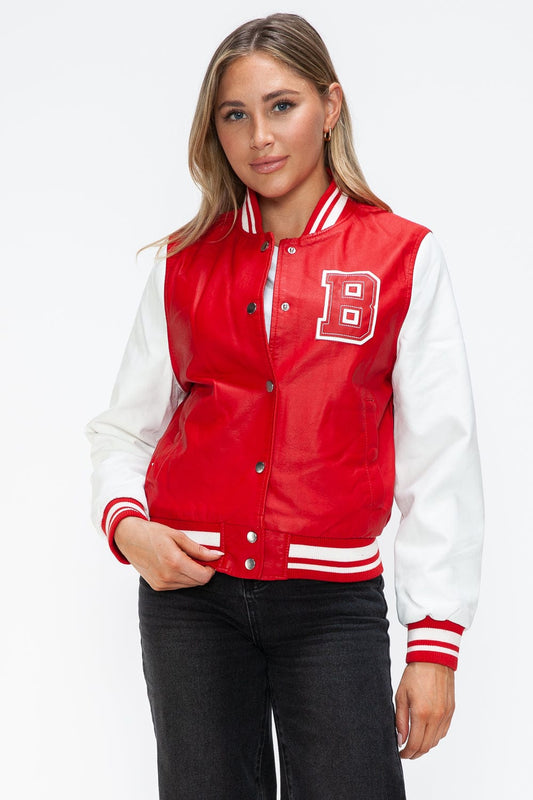 Love Me Now PU Leather Contrast Snap Down Bomber Jacket - Trendsi