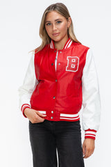 Love Me Now PU Leather Contrast Snap Down Bomber Jacket - Trendsi