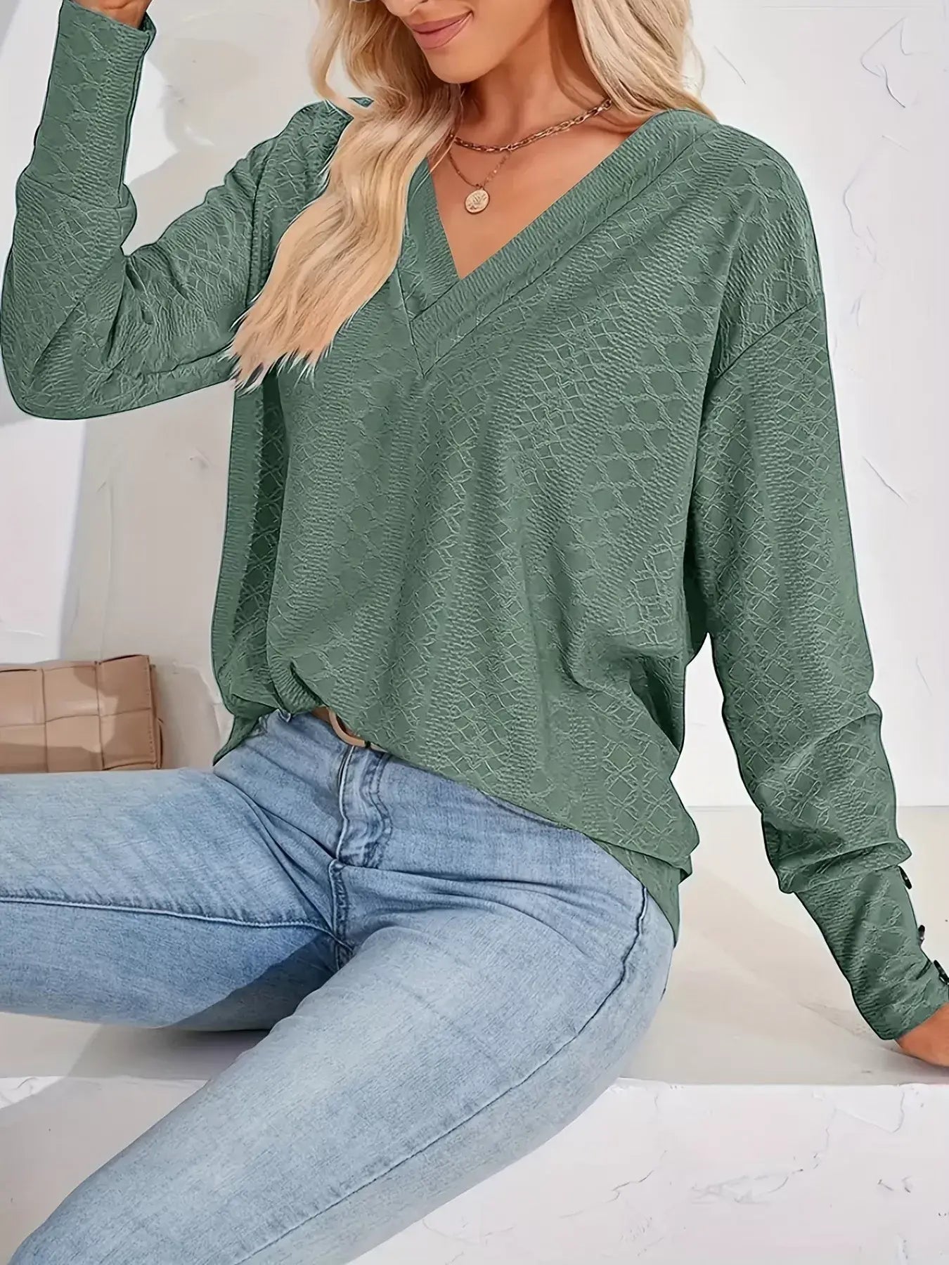 Plus Size V-Neck Textured Long Sleeve T-Shirt - Trendsi - Flyclothing LLC