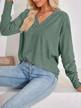 Plus Size V-Neck Textured Long Sleeve T-Shirt - Trendsi - Flyclothing LLC