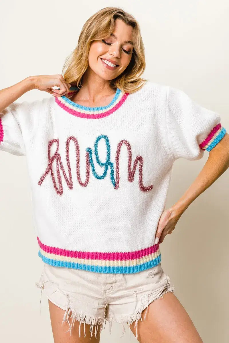 BiBi Metallic Letter Short Puff Sleeve Sweater - Trendsi - Flyclothing LLC