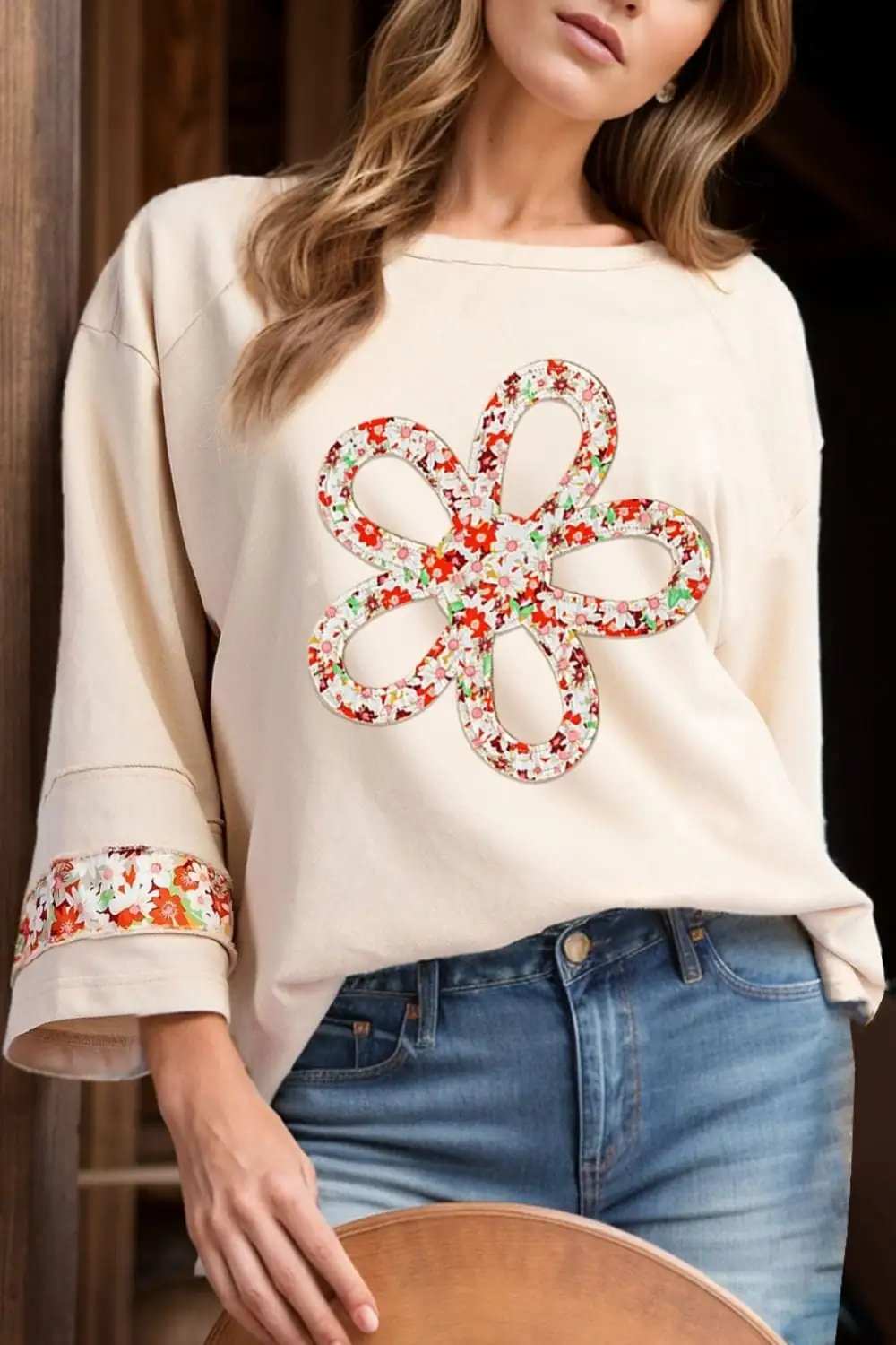 Exposed Seam Slit Floral Round Neck Blouse - Trendsi - Flyclothing LLC