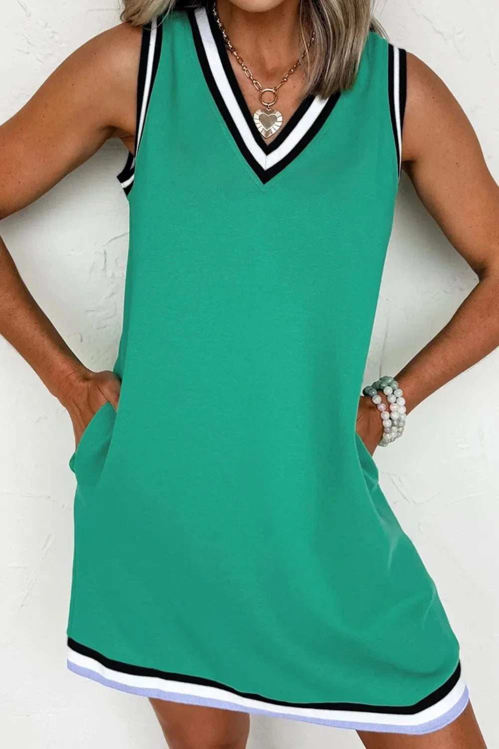 Color Contrast Trim V Neck Shift Sleeveless Mini Dress - Trendsi - Flyclothing LLC