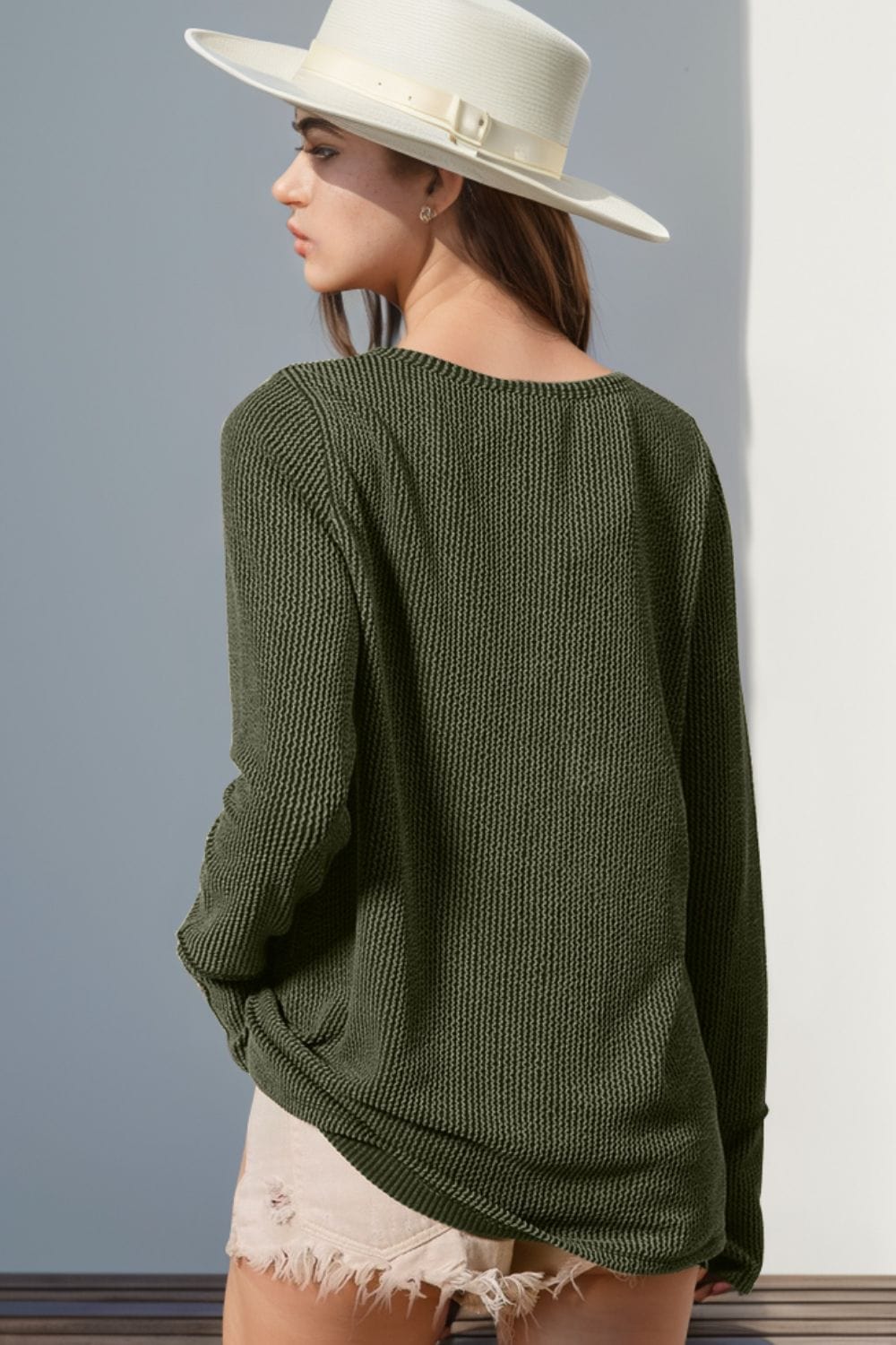 Double Take Full Size Notched Thumbhole Long Sleeve T-Shirt - Trendsi