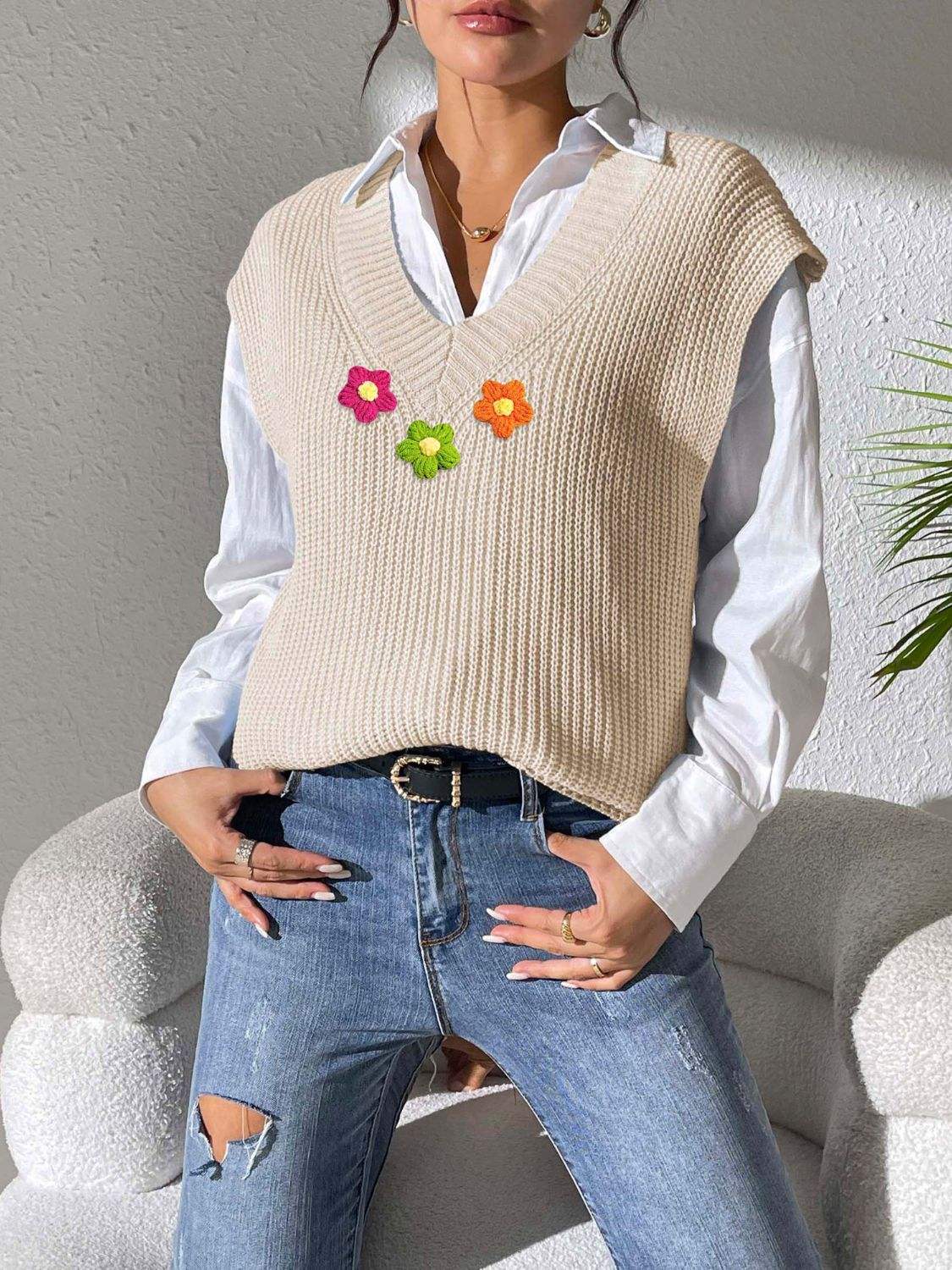 Flower V-Neck Sweater Vest - Trendsi - Flyclothing LLC