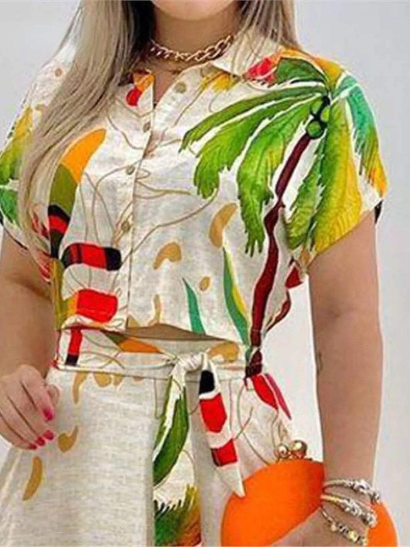 Tropical Print Button-Up Crop Top and Maxi Skirt Set、 - Trendsi - Flyclothing LLC
