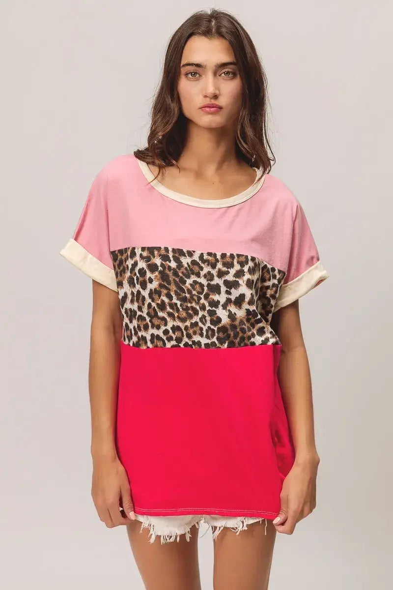BiBi Leopard Printed Jersey Color Block Roll Up - Trendsi - Flyclothing LLC