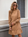 Frill Mock Neck Long Sleeve Dress - Trendsi