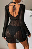 Hollow Out Bell Sleeve Drawstring Knit Cover Up Dress - Trendsi - Flyclothing LLC
