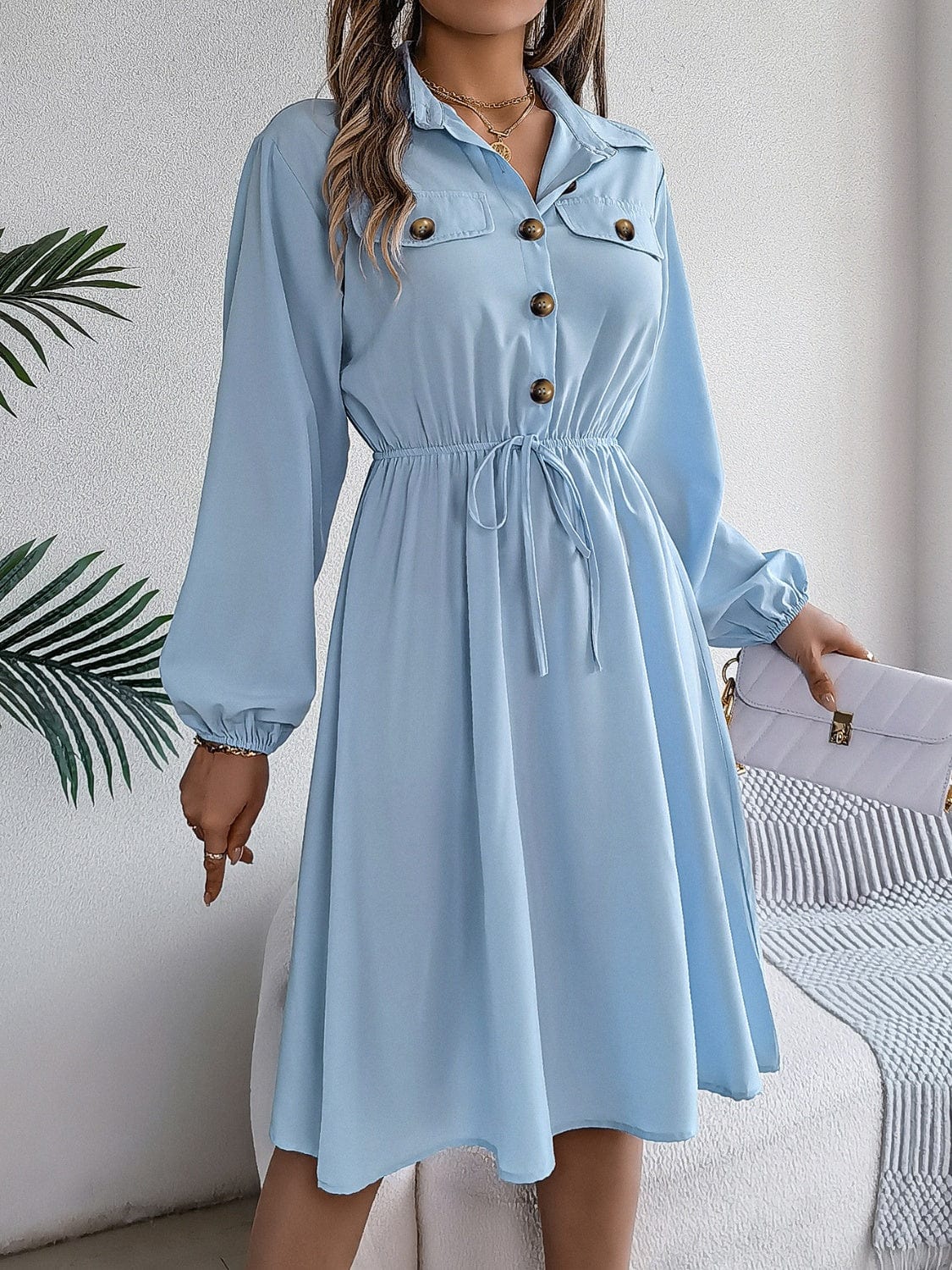 Collared Neck Long Sleeve Dress with Pockets - Trendsi