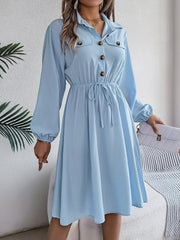 Collared Neck Long Sleeve Dress with Pockets - Trendsi