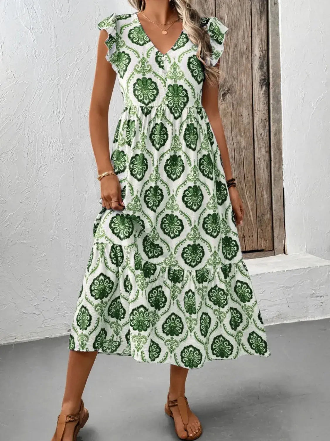 Ruffled Printed V-Neck Cap Sleeve Dress - Trendsi - Flyclothing LLC