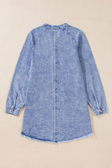 Raw Hem Button Down Long Sleeve Denim Dress - Trendsi - Flyclothing LLC