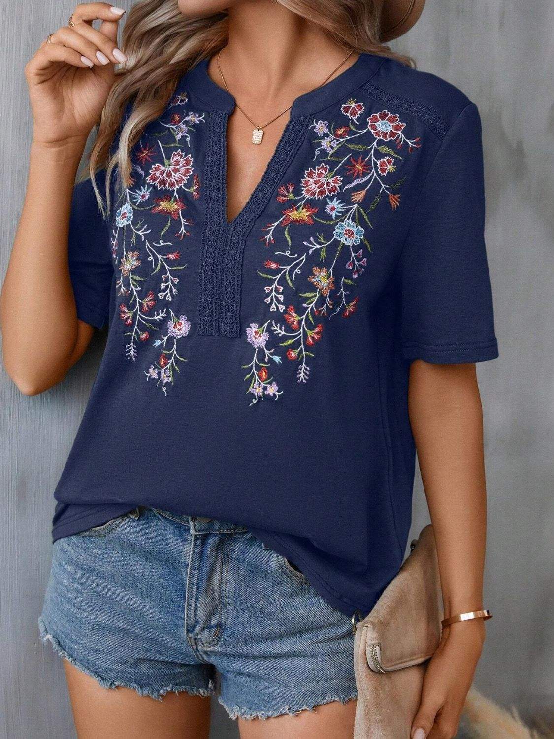 Embroidered Notched Short Sleeve T-Shirt - Trendsi - Flyclothing LLC