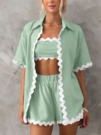 Contrast Trim Half Sleeve Top and Shorts Set - Trendsi - Flyclothing LLC