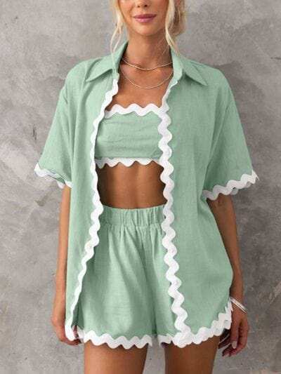 Contrast Trim Half Sleeve Top and Shorts Set - Trendsi - Flyclothing LLC