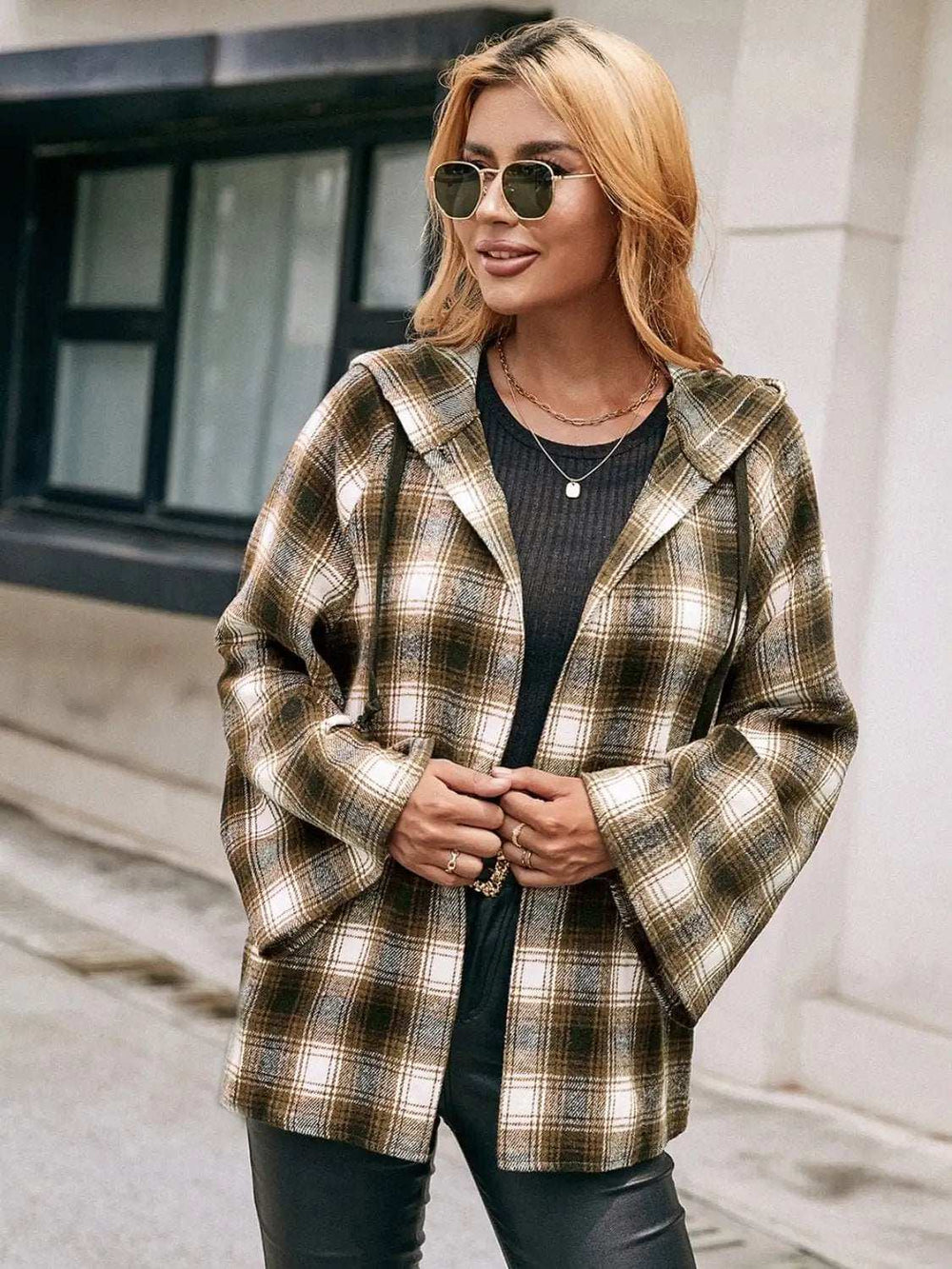Pocketed Plaid Long Sleeve Hooded Jacket - Trendsi - Flyclothing LLC