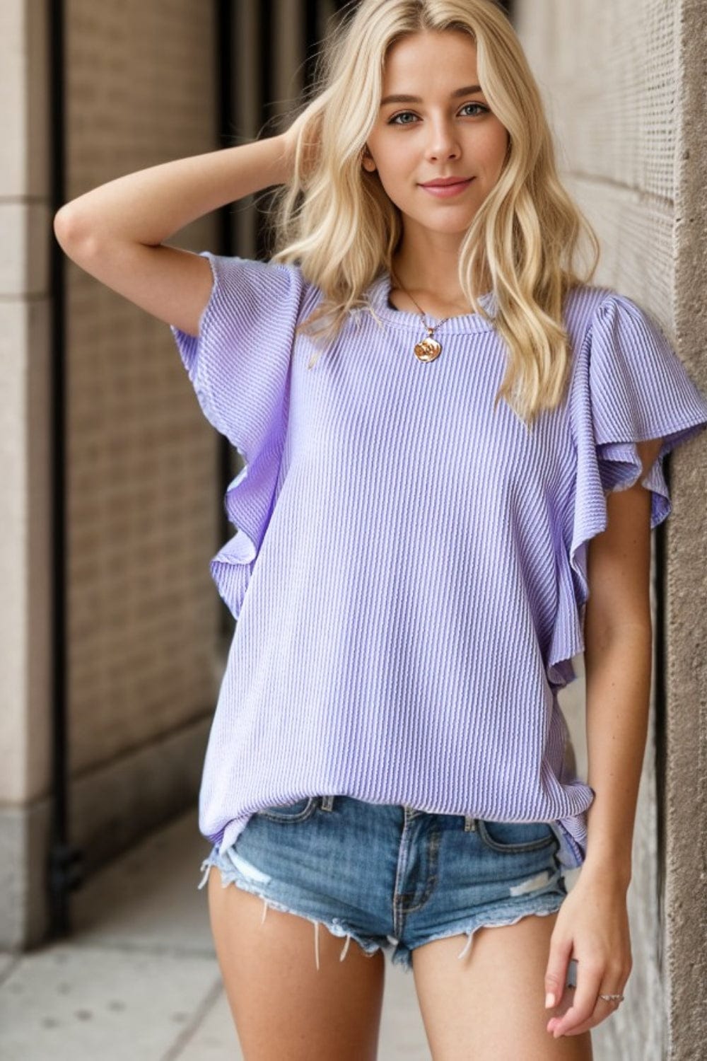 Heimish Full Size Ruffled Sleeve Ribbed Top - Trendsi