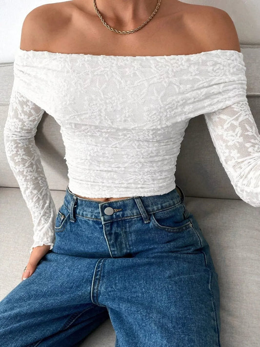 Lace Off-Shoulder Long Sleeve Top - Trendsi - Flyclothing LLC