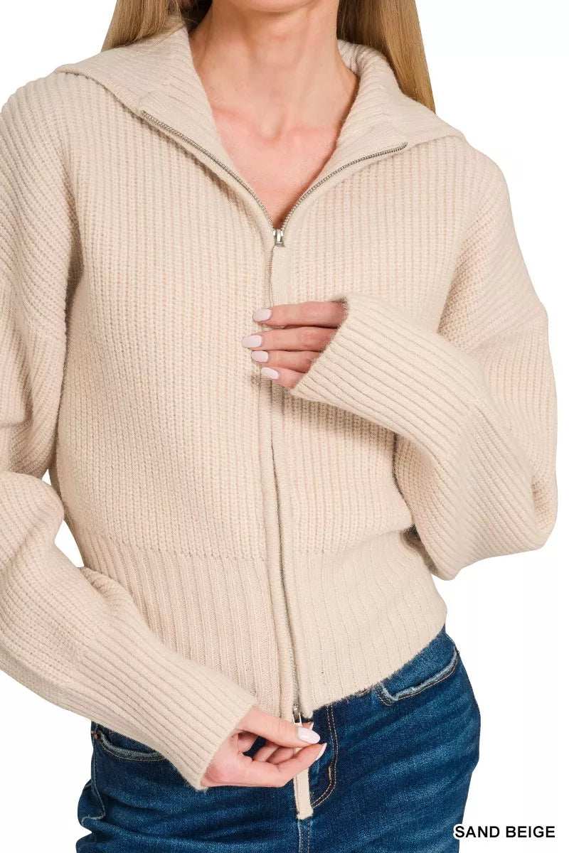 Zenana Ribbed Collared Zip Up Sweater Cardigan - Trendsi - Flyclothing LLC