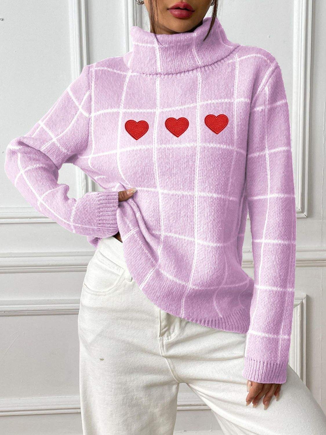 Heart Plaid Turtleneck Long Sleeve Sweater - Trendsi - Flyclothing LLC