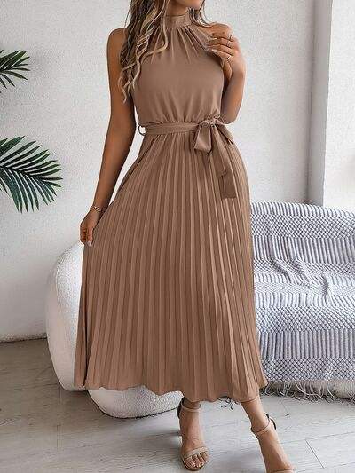 Grecian Neck Tie Waist Pleated Dress - Trendsi - Flyclothing LLC