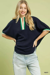 Umgee Textured Knit Top with Striped Contrast Trim - Trendsi - Flyclothing LLC
