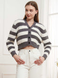Button Down V-Neck Striped Cardigan - Trendsi - Flyclothing LLC