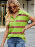 Striped Johnny Collar Cap Sleeve Sweater - Trendsi - Flyclothing LLC