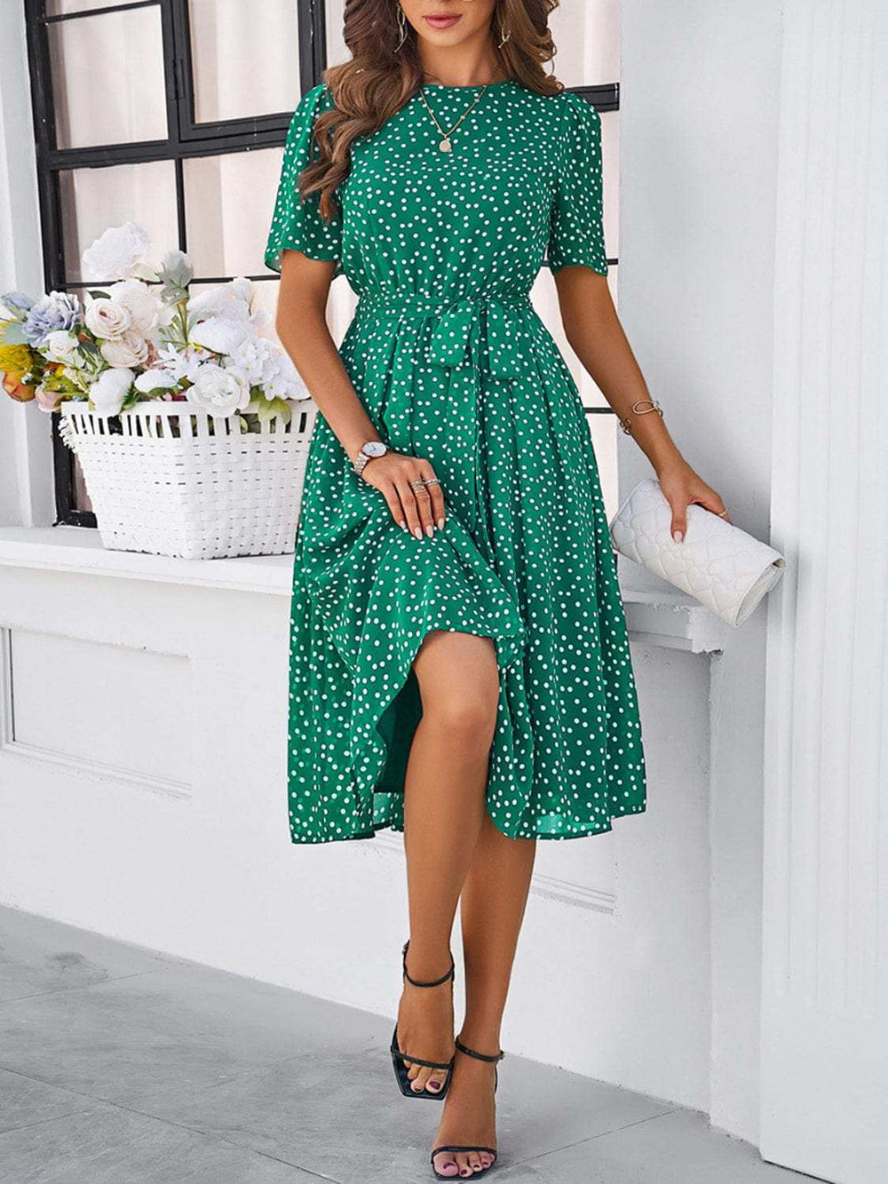 Printed Round Neck Short Sleeve Dress - Trendsi - Flyclothing LLC