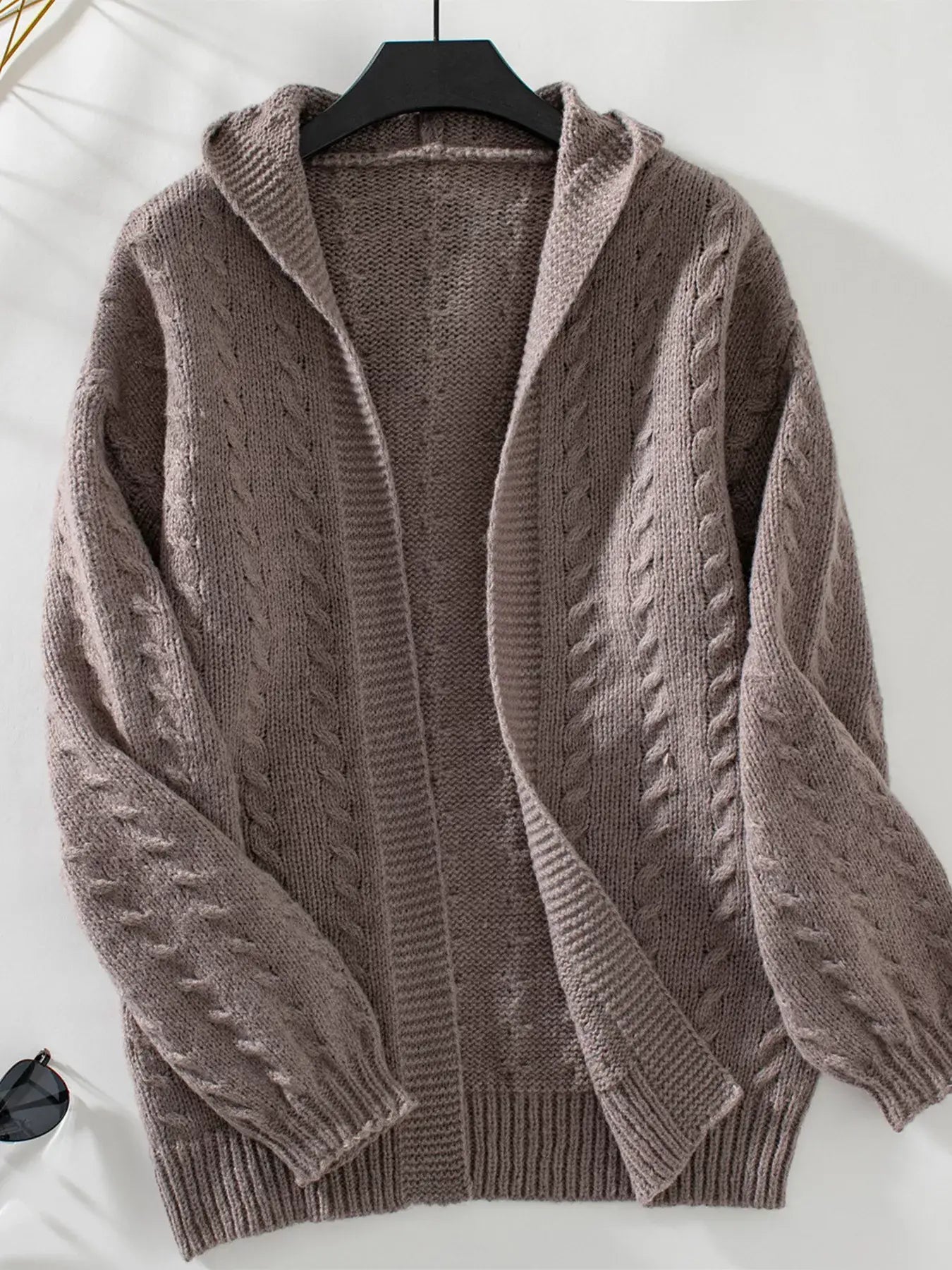 Cable Knit Open Front Hooded Cardigan - Trendsi - Flyclothing LLC