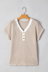 Stripe Buttoned Front V Neck T Shirt - Trendsi - Flyclothing LLC