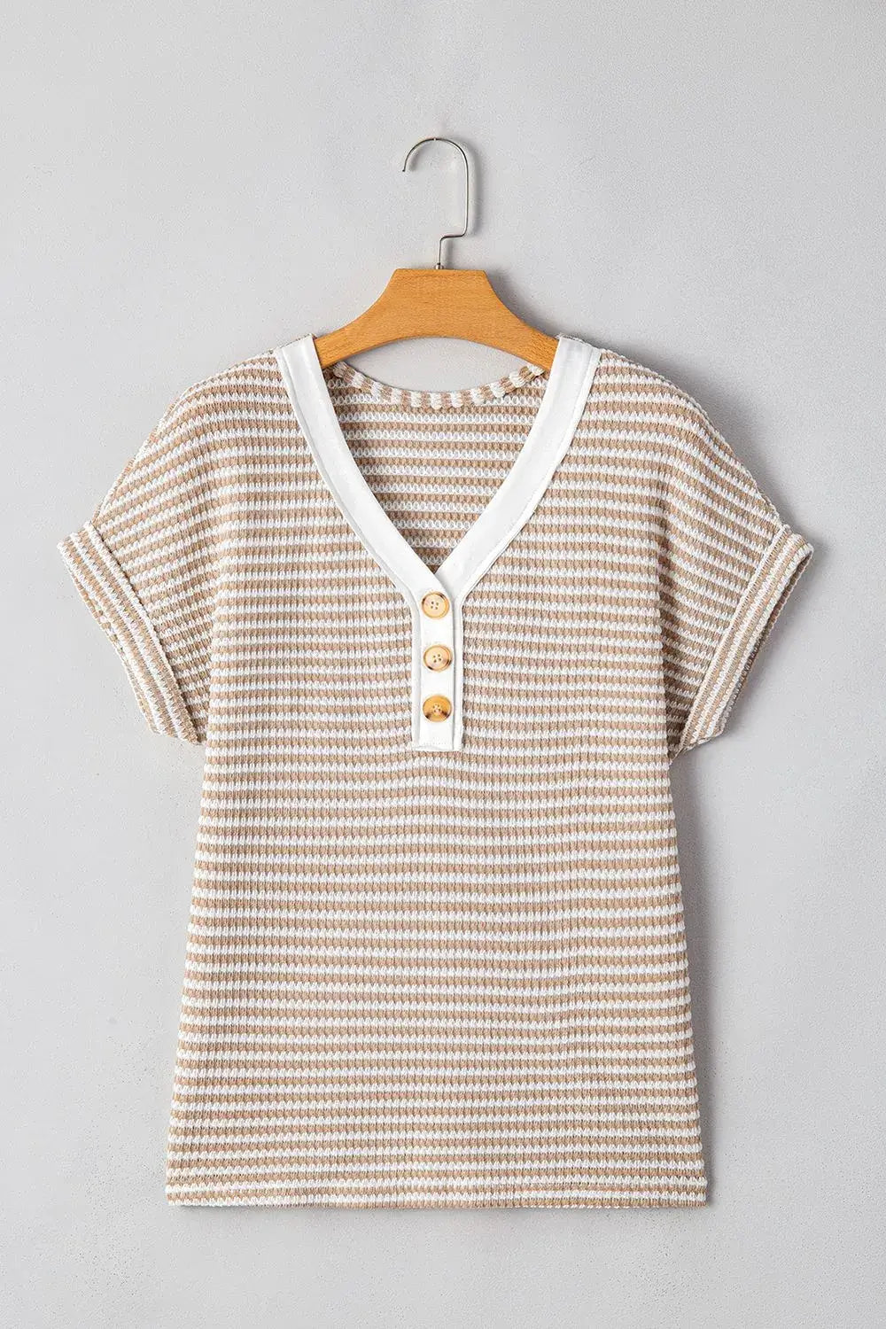 Stripe Buttoned Front V Neck T Shirt - Trendsi - Flyclothing LLC