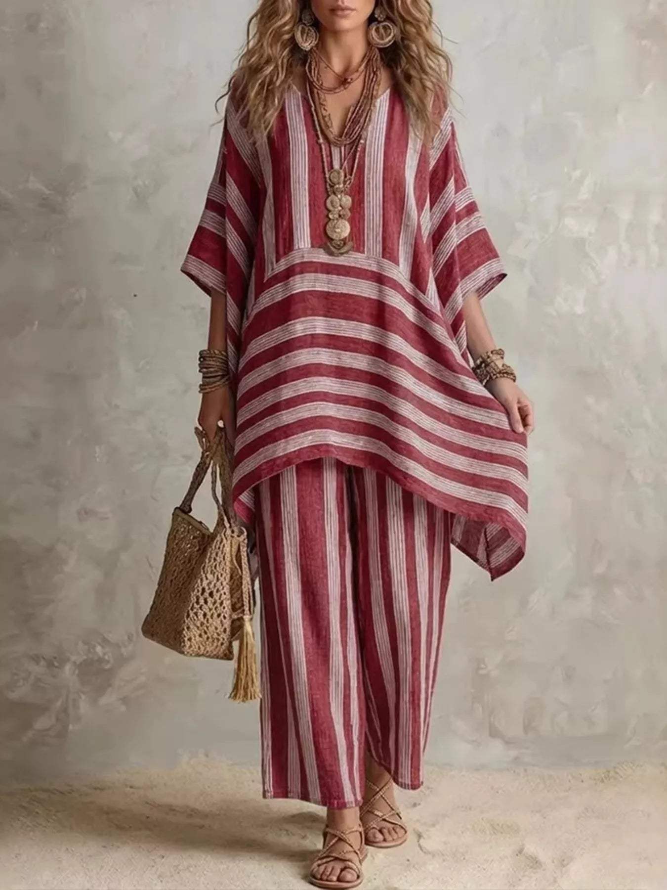Bohemian Stripe Top and Pants Set - Trendsi - Flyclothing LLC