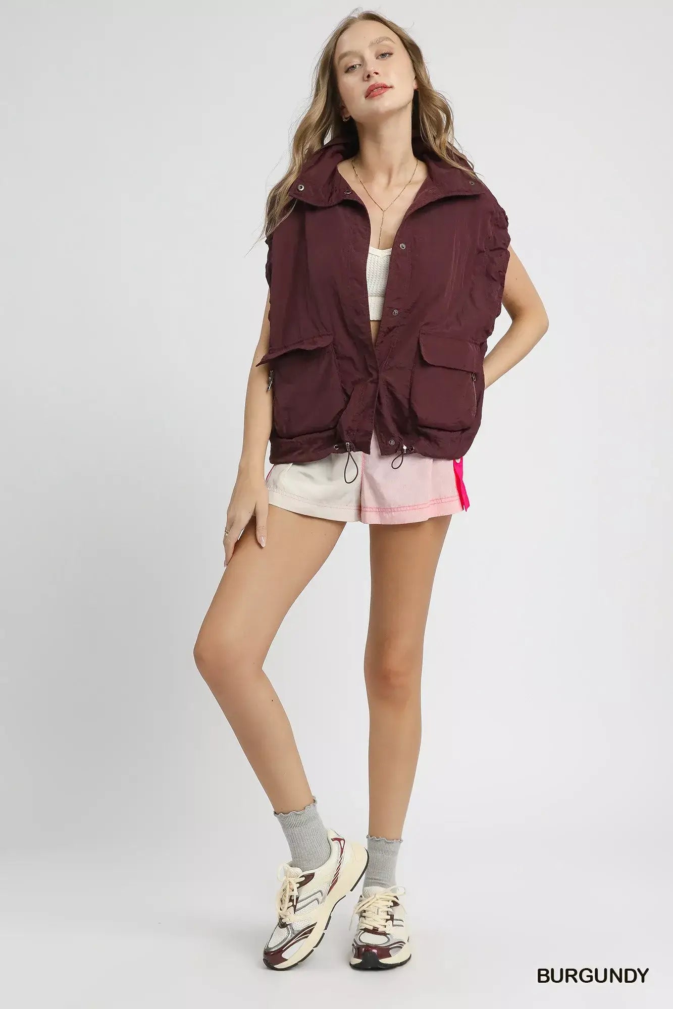 Umgee Drawstring Hem Nylon Vest with Pockets - Trendsi - Flyclothing LLC