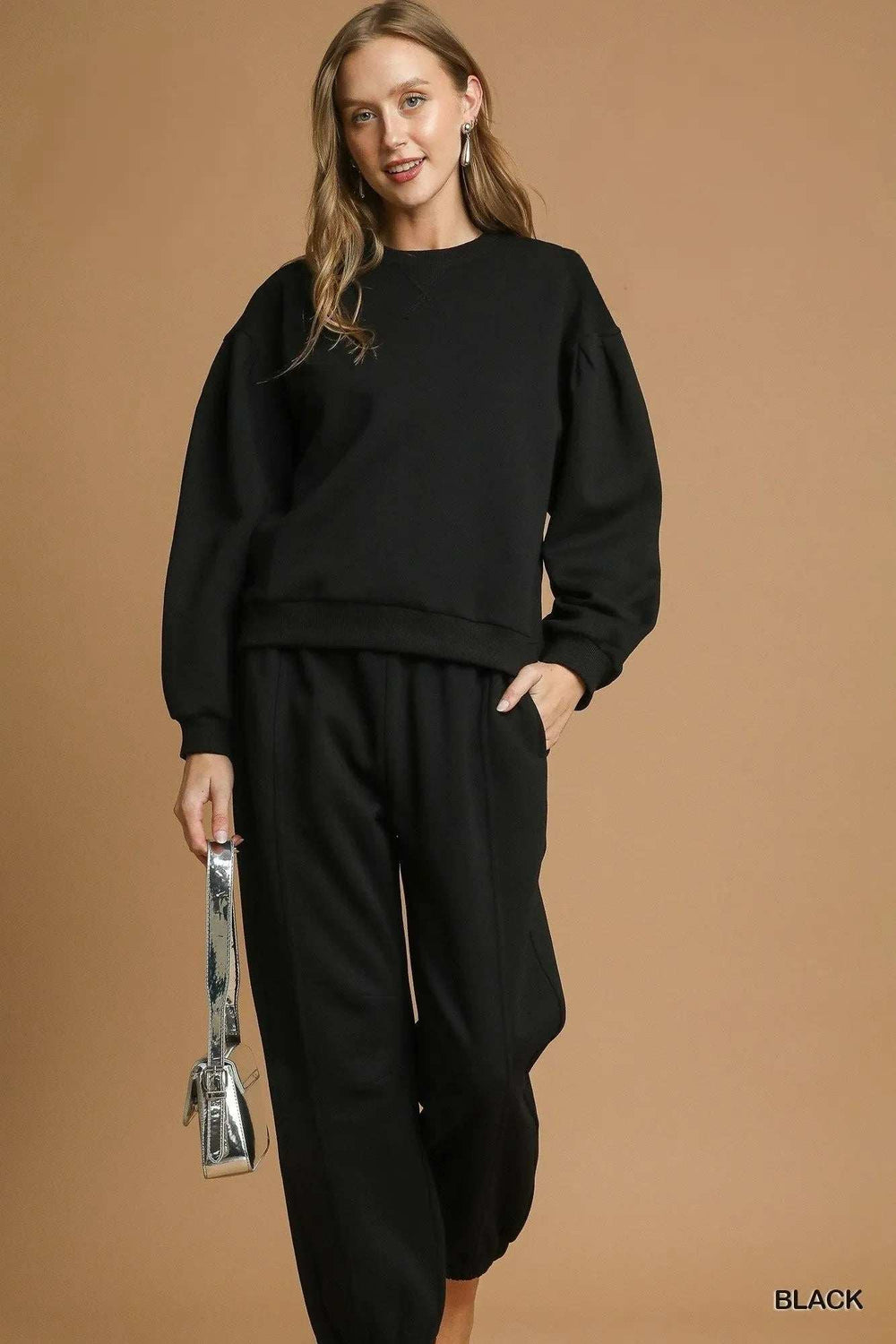 Umgee Round Neck Sweatshirt with Pleated Detail - Trendsi - Flyclothing LLC
