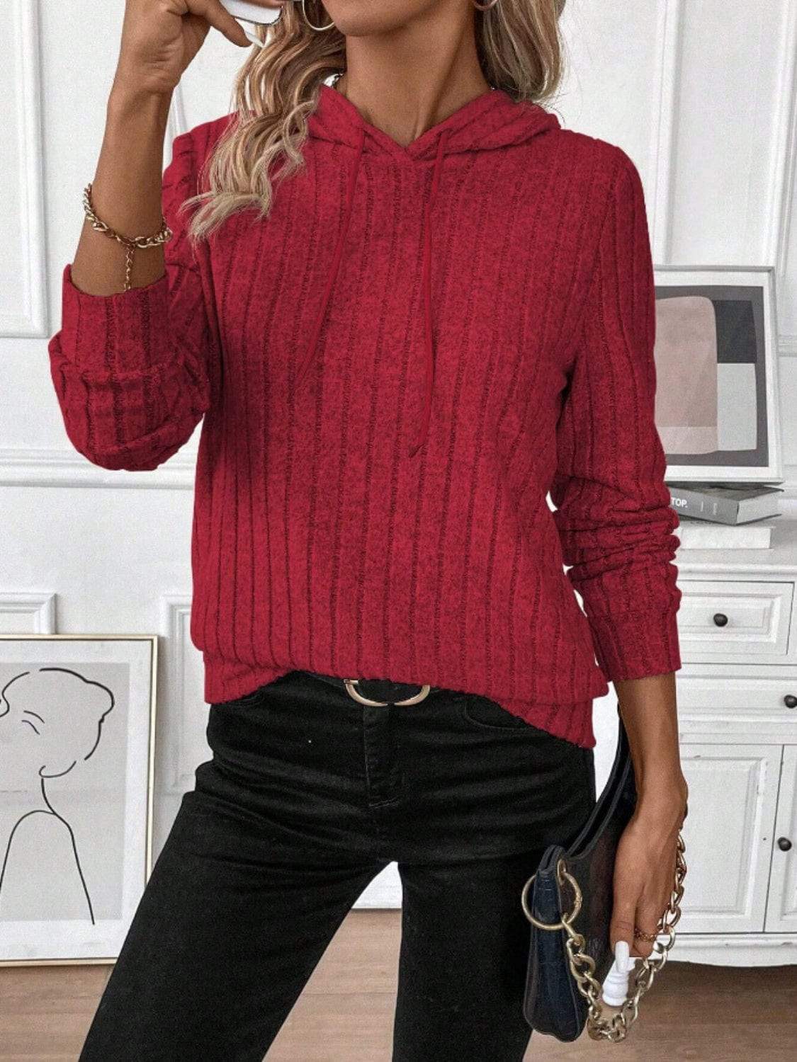 Drawstring Ribbed Long Sleeve Hoodie - Trendsi - Flyclothing LLC