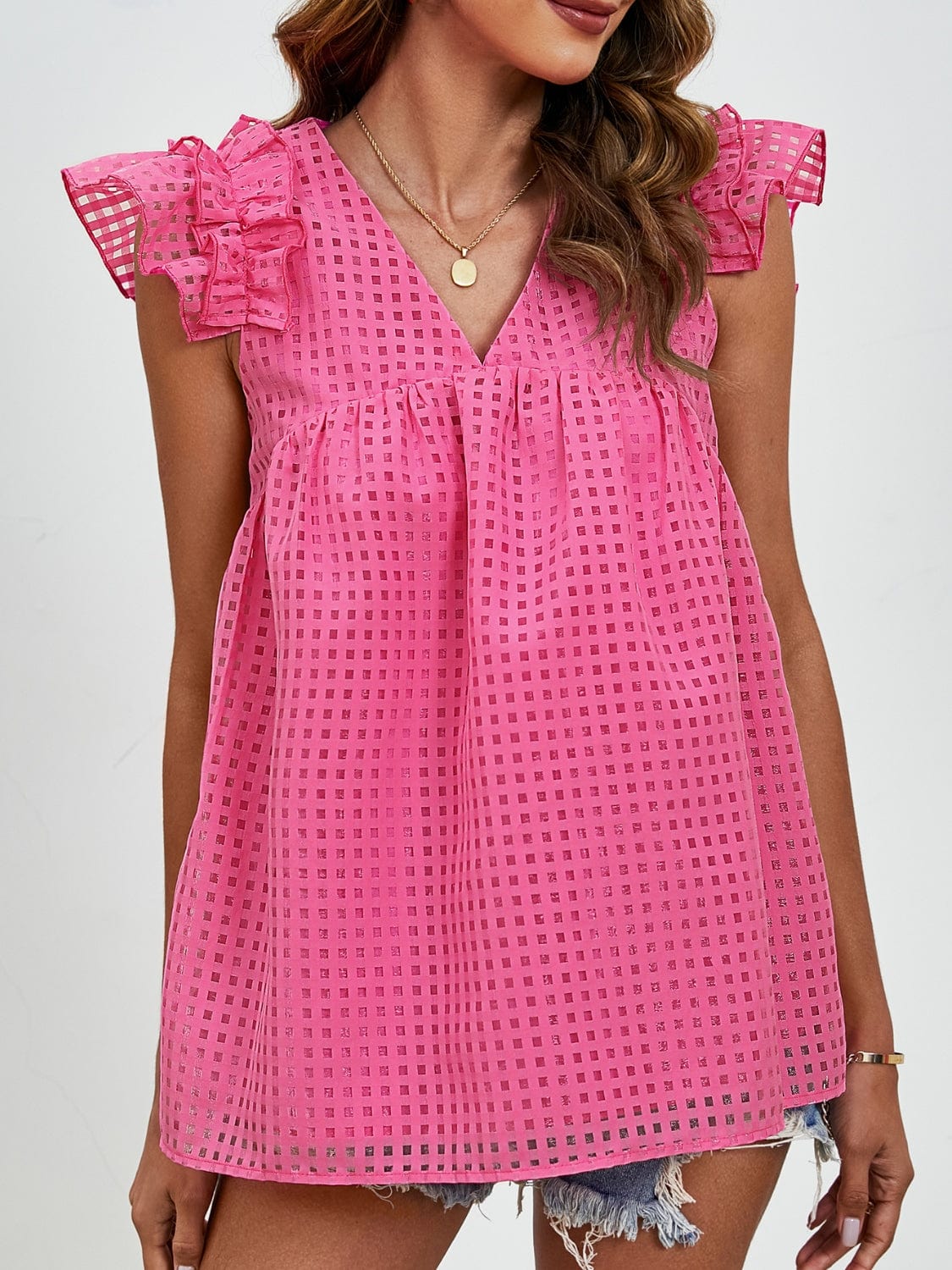 Ruched V-Neck Cap Sleeve Blouse - Trendsi
