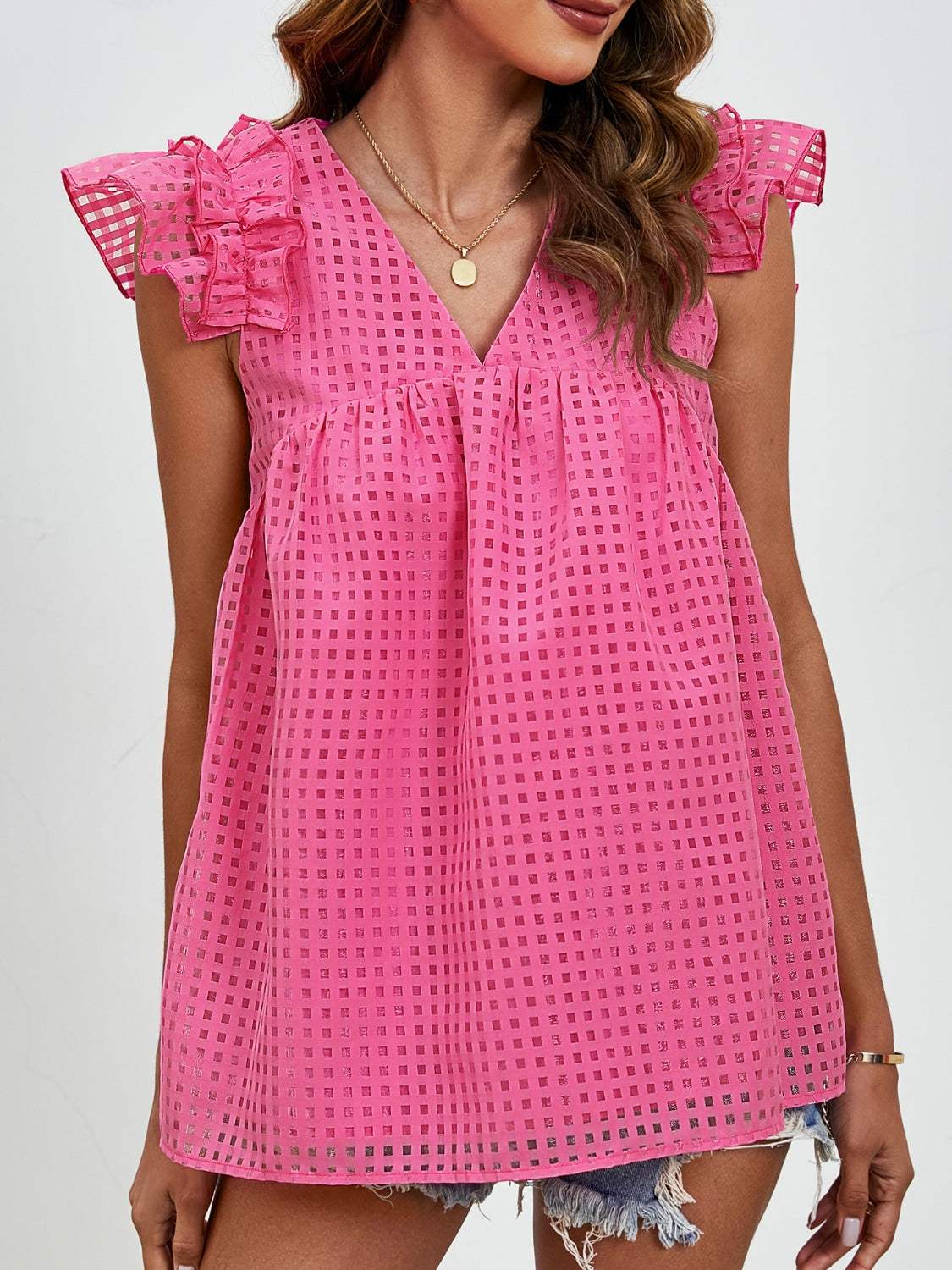 Ruched V-Neck Cap Sleeve Blouse - Trendsi - Flyclothing LLC