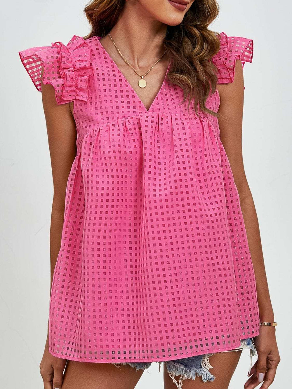 Ruched V-Neck Cap Sleeve Blouse - Trendsi - Flyclothing LLC