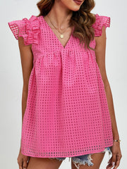 Ruched V-Neck Cap Sleeve Blouse - Trendsi