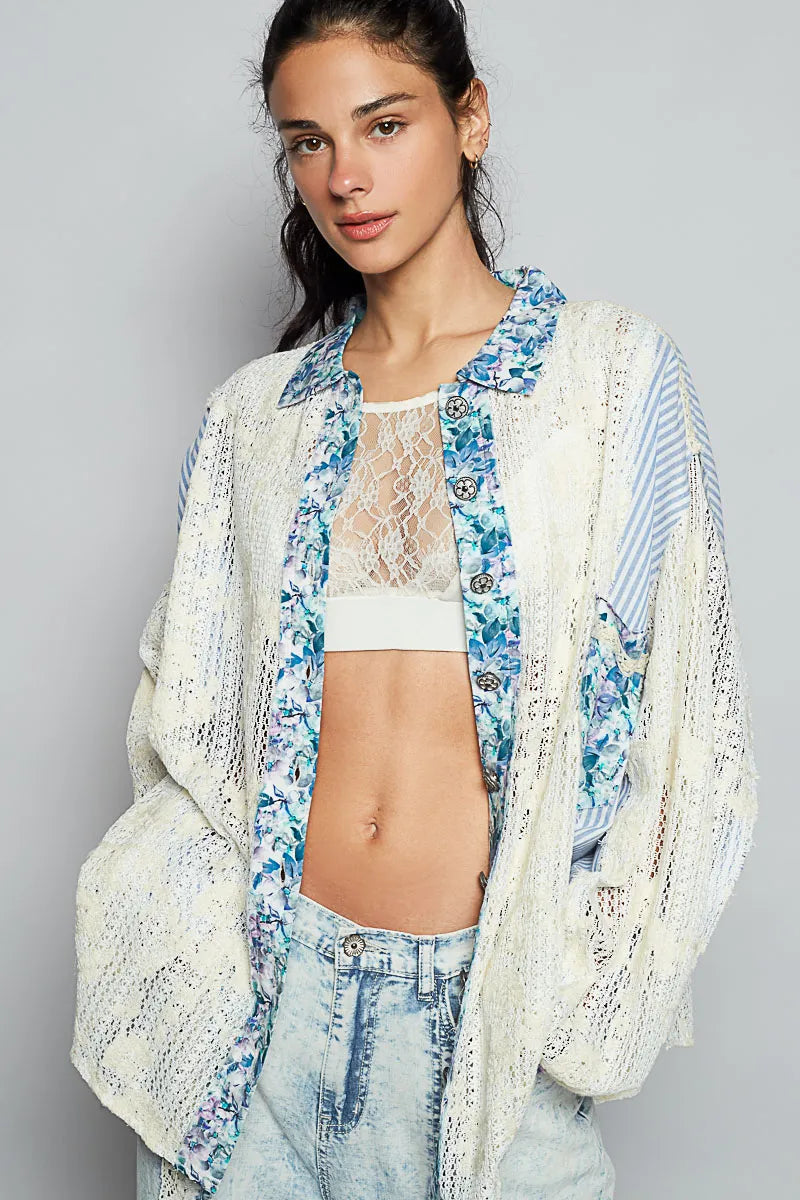 POL Lace Long Sleeve Shirt with Floral and Striped Pattern - Trendsi