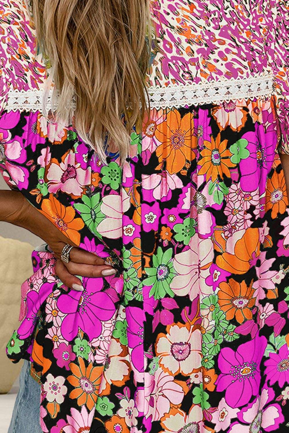 Printed Round Neck Puff Sleeve Blouse - Trendsi - Flyclothing LLC